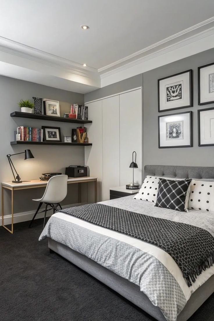 Modern bedroom with gray walls, cozy bed featuring patterned bedding, decorative pillows, and a stylish desk with a lamp and bookshelves, reflecting a clean and organized space ideal for relaxation and productivity.