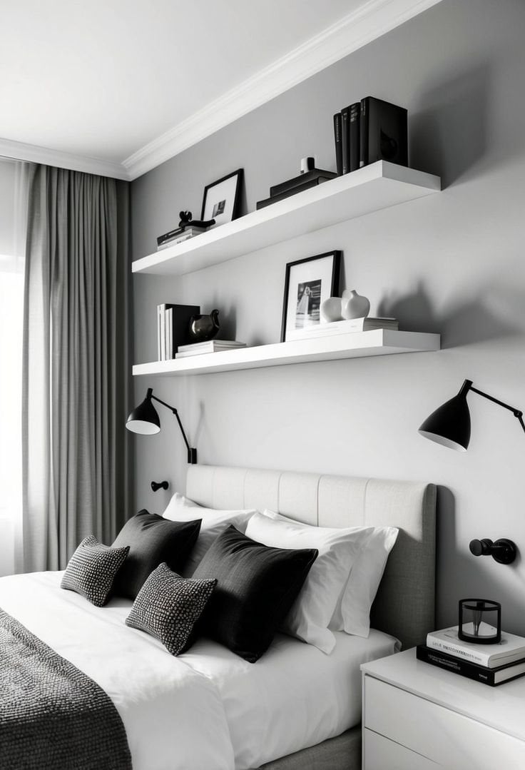 Modern bedroom with neatly made bed, decorative pillows, and stylish wall shelves showcasing books and decor, illustrating Airbnb and short-term rental cleaning services.