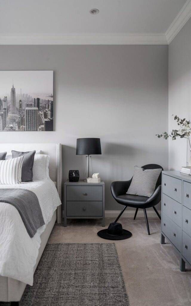 Modern bedroom interior featuring a gray color palette, a bed with decorative pillows, a black chair, a nightstand with a lamp, and a wall art depicting a city skyline.