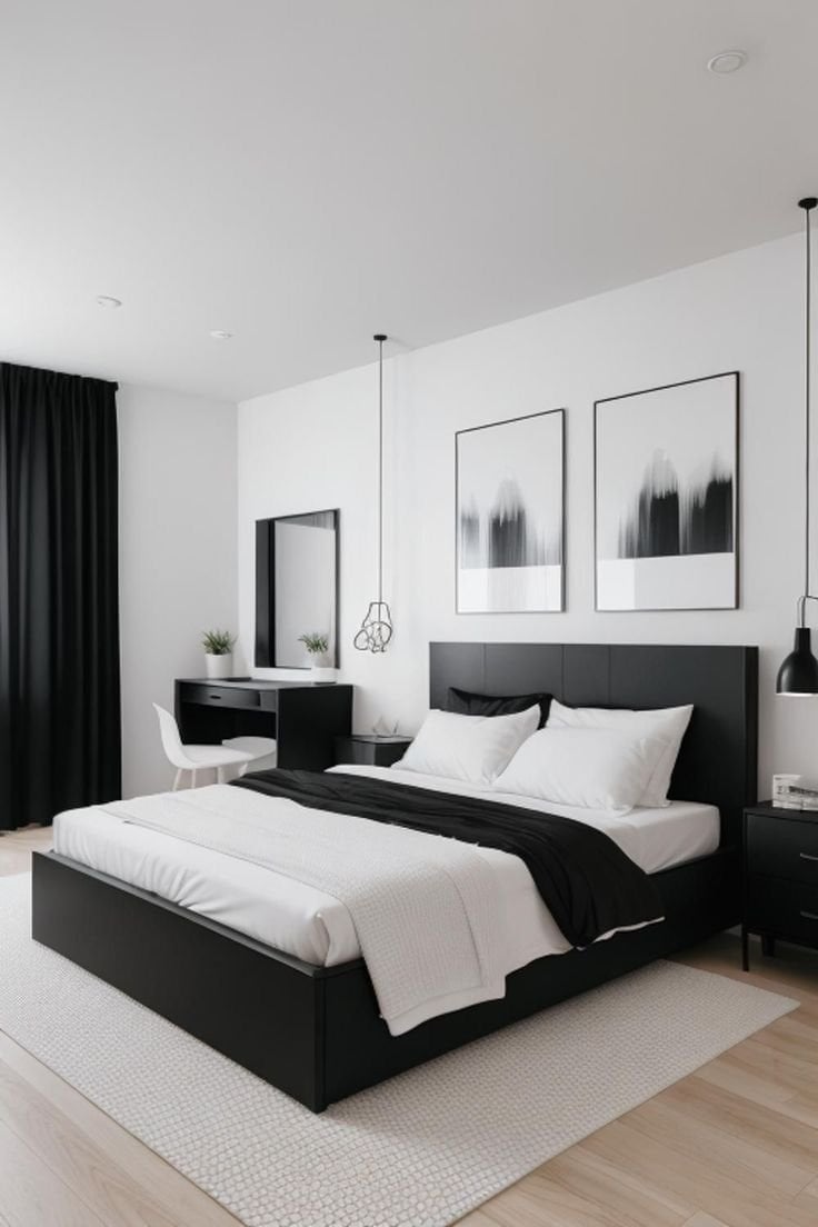 Modern bedroom setup with a black bed, fresh linens, decorative wall art, and a minimalist desk, reflecting Airbnb cleaning service standards in Central NJ.