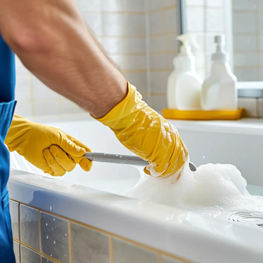 Person in yellow gloves cleaning a bathtub with soapy water, emphasizing deep cleaning services for bathrooms.