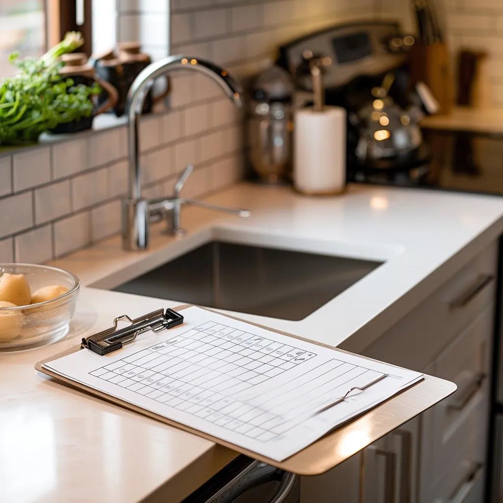Clipboard with deep cleaning checklist on kitchen countertop, sink and kitchen tools in background, emphasizing organization for effective house cleaning services.