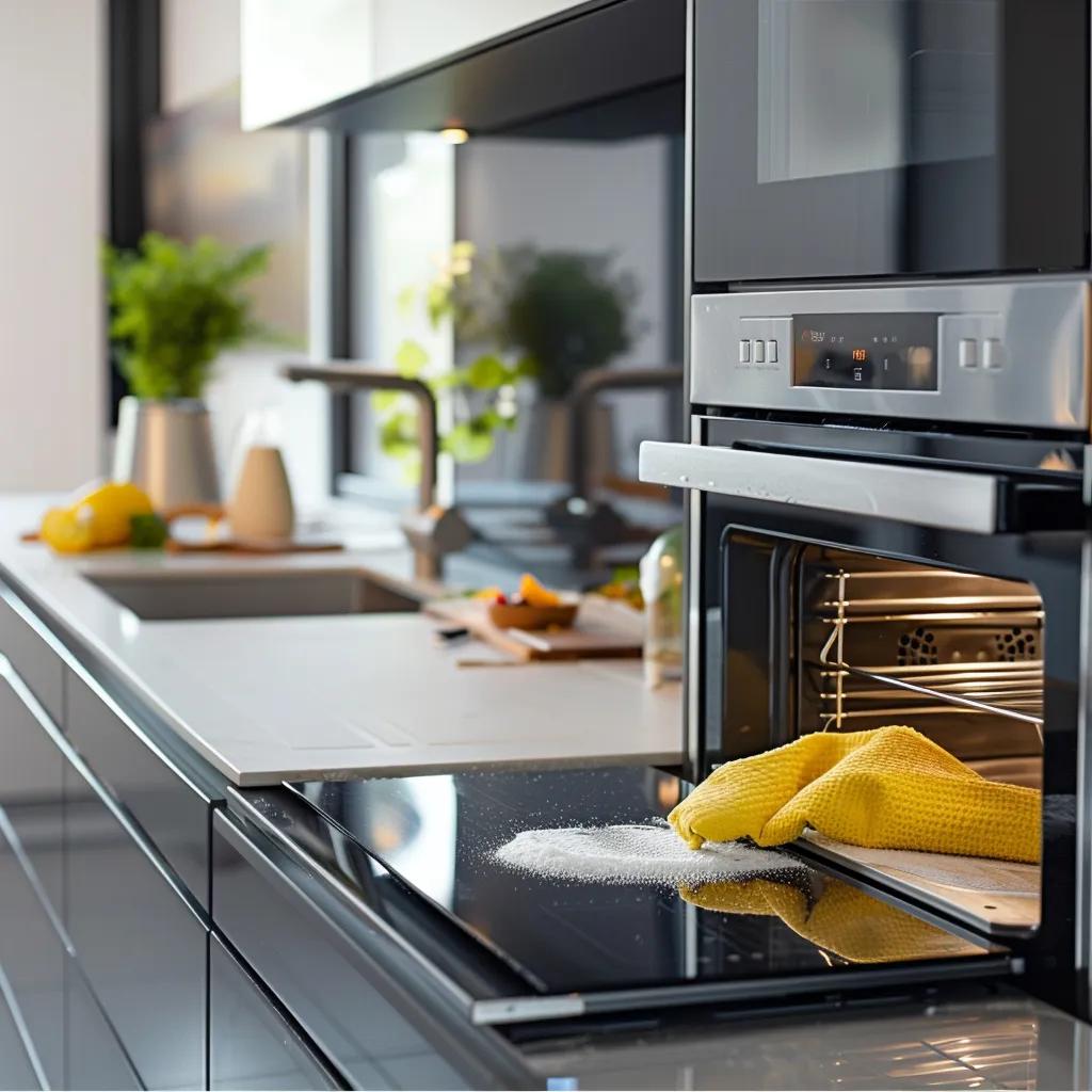 Modern kitchen with yellow gloves cleaning stovetop and oven, showcasing deep cleaning tasks for hygiene and safety in food preparation areas.