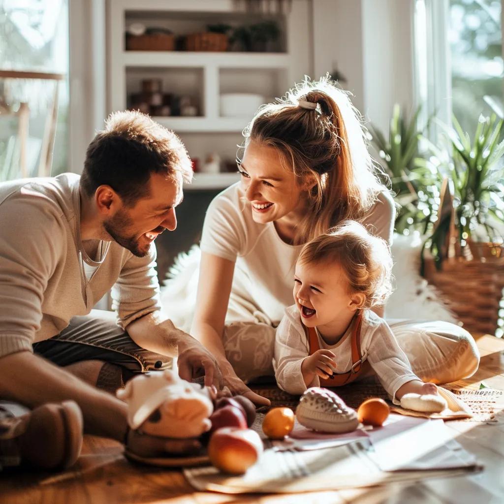 Family enjoying quality time together indoors, playing with toys and fruits, highlighting a clean and safe home environment ideal for children and pets.