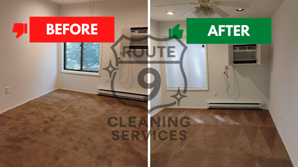 Before and after comparison of a cleaned room, showcasing the transformation by Route 9 Cleaning Services, with visible improvements in cleanliness and organization.