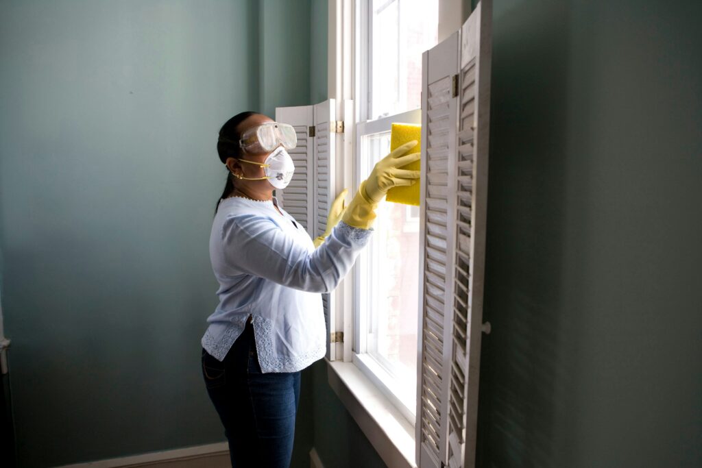 Professional cleaner wearing protective gear and yellow gloves, cleaning a window in a home, emphasizing house cleaning services in Manahawkin, NJ.