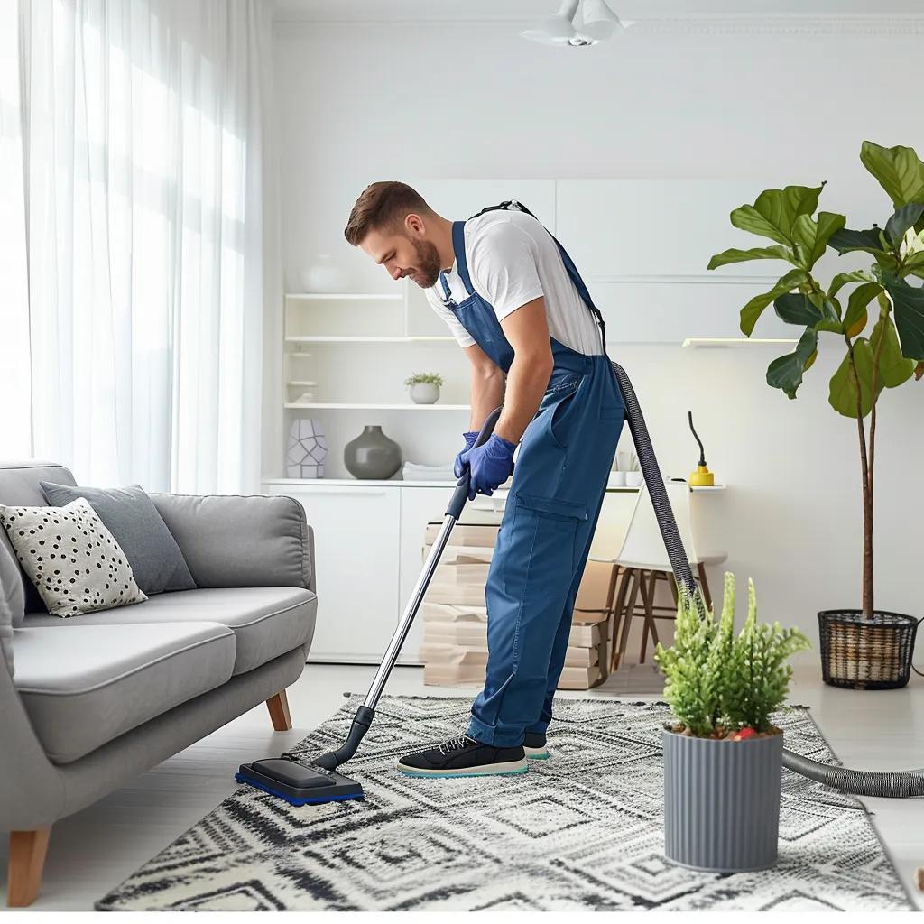 Professional cleaner deep cleaning a living room with eco-friendly products