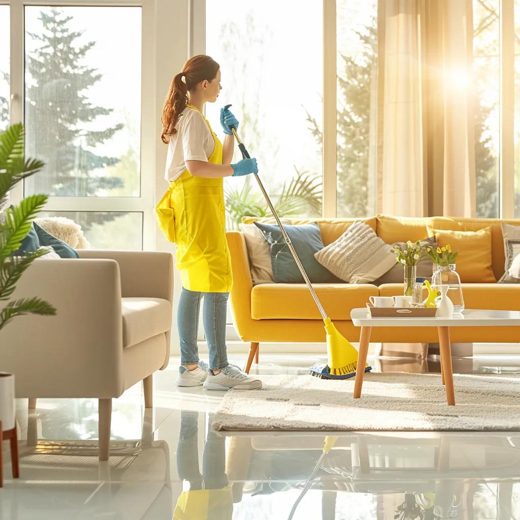 Professional cleaner in a bright living room using eco-friendly products for house deep cleaning