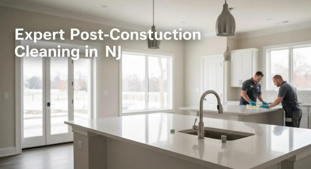Expert post-construction cleaning in NJ, showcasing two professionals cleaning a modern kitchen with a sleek countertop and large windows.