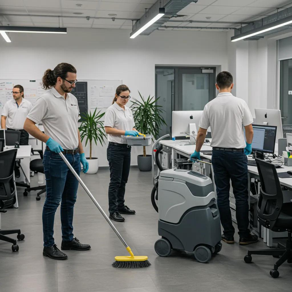 Cleaning team in a modern office using commercial equipment, highlighting professional cleaning services for local businesses in Stafford, NJ.