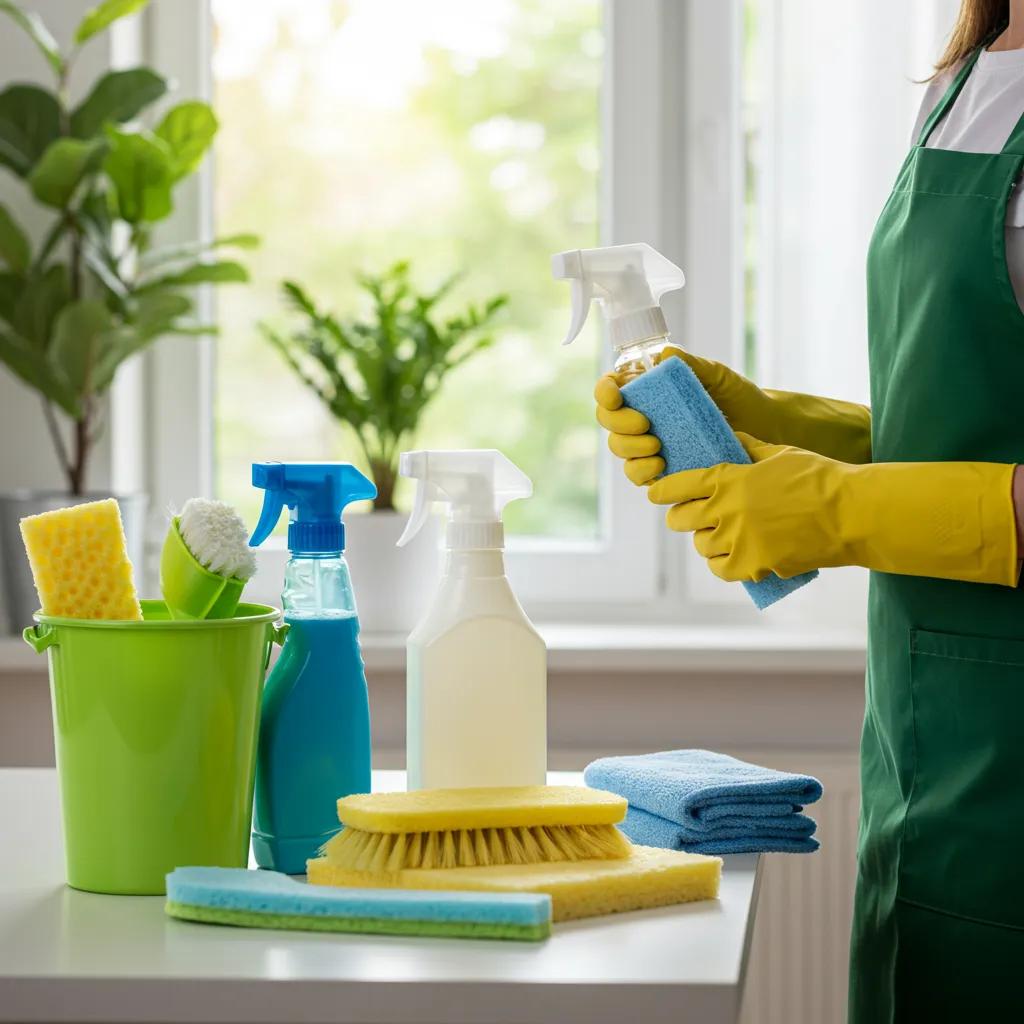 Eco-friendly cleaning supplies including spray bottles, sponges, and microfiber cloths on a table in a bright home, highlighting health and sustainability benefits.