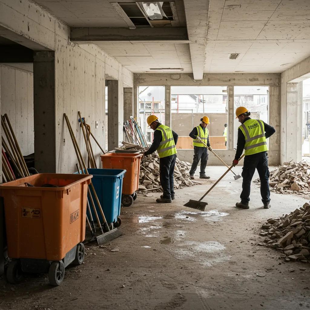Workers in safety gear performing post-construction cleanup in a newly built space, with organized debris removal and cleaning equipment visible.