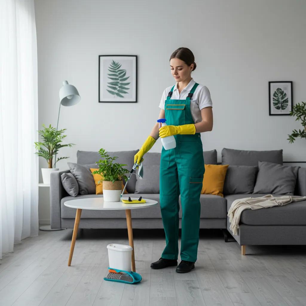 Professional cleaner in a bright living room using eco-friendly products, showcasing cleanliness and comfort