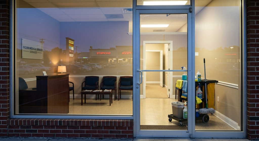 Clean commercial office interior at dusk in Manahawkin NJ strip mall with cleaning supplies near entrance