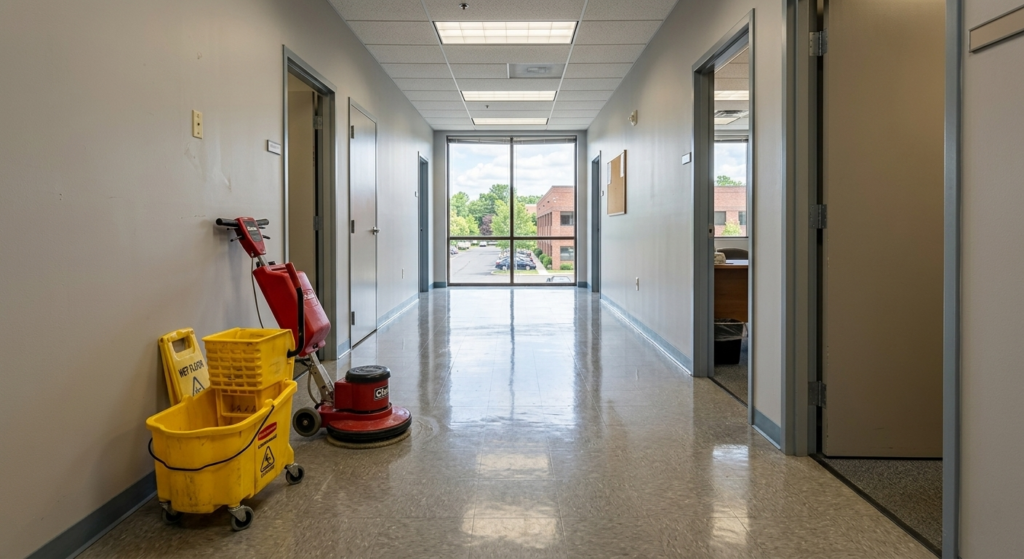 Clean commercial hallway with freshly waxed floors and maintenance cleaning equipment in NJ office building